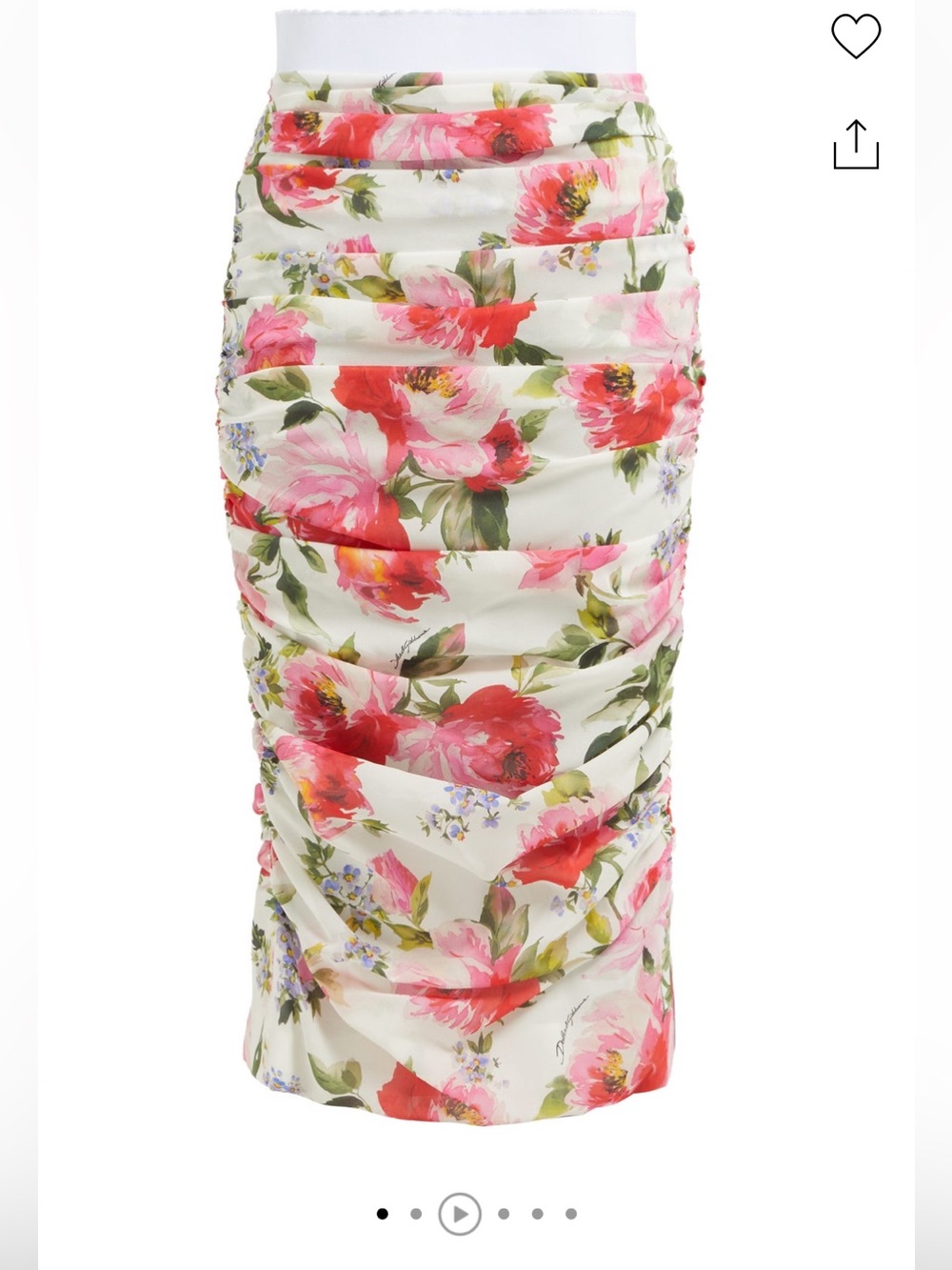 Dolce & Gabbana White Floral Ruched Pencil Skirt with Red & Pink Blooms